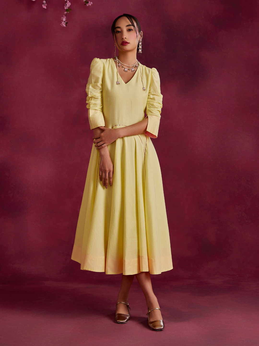 Circular Panelled Dress Highlighted With Gota Patti- Lemon yellow