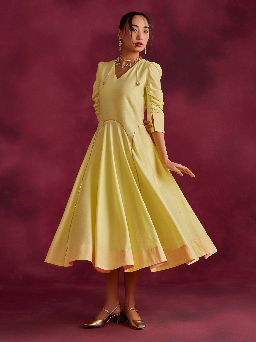 Circular Panelled Dress Highlighted With Gota Patti- Lemon yellow