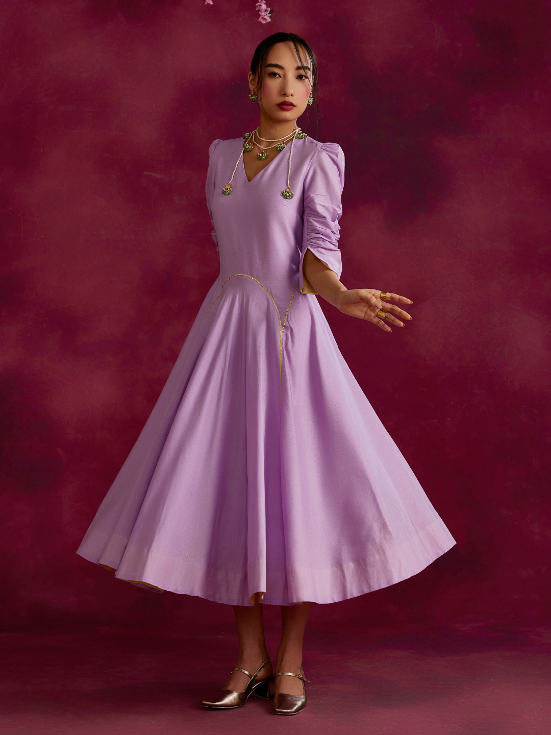 Circular Panelled Dress Highlighted With Gota Patti- Lavender