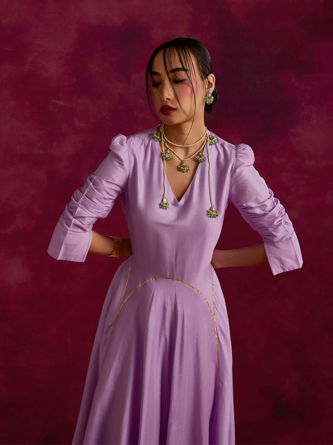 Circular Panelled Dress Highlighted With Gota Patti- Lavender