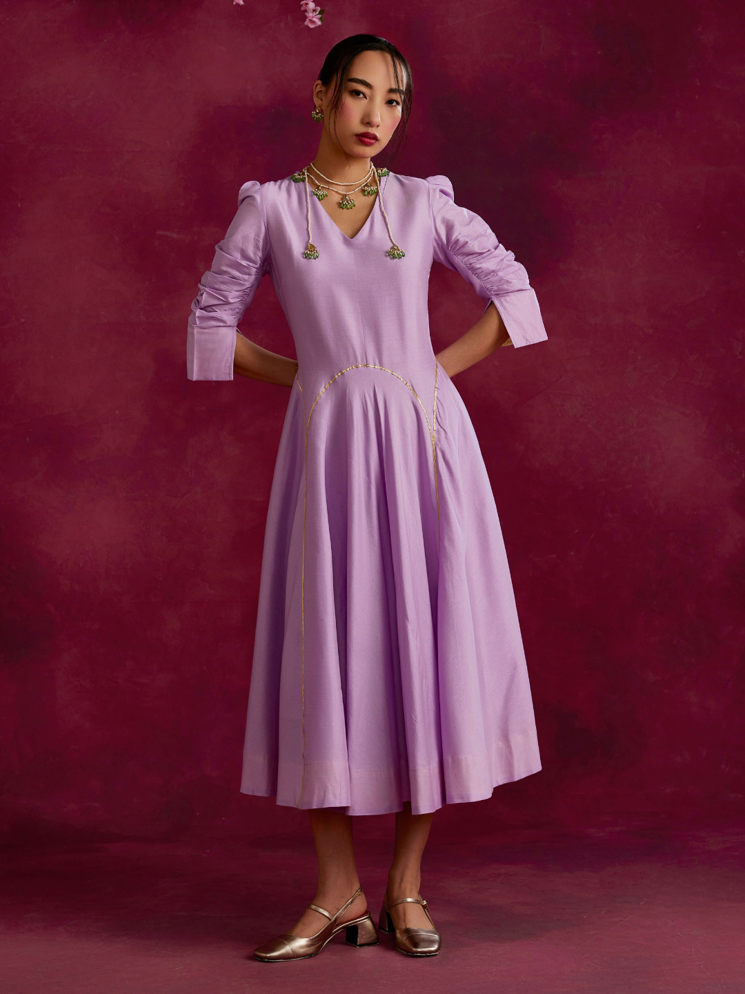 Circular Panelled Dress Highlighted With Gota Patti- Lavender