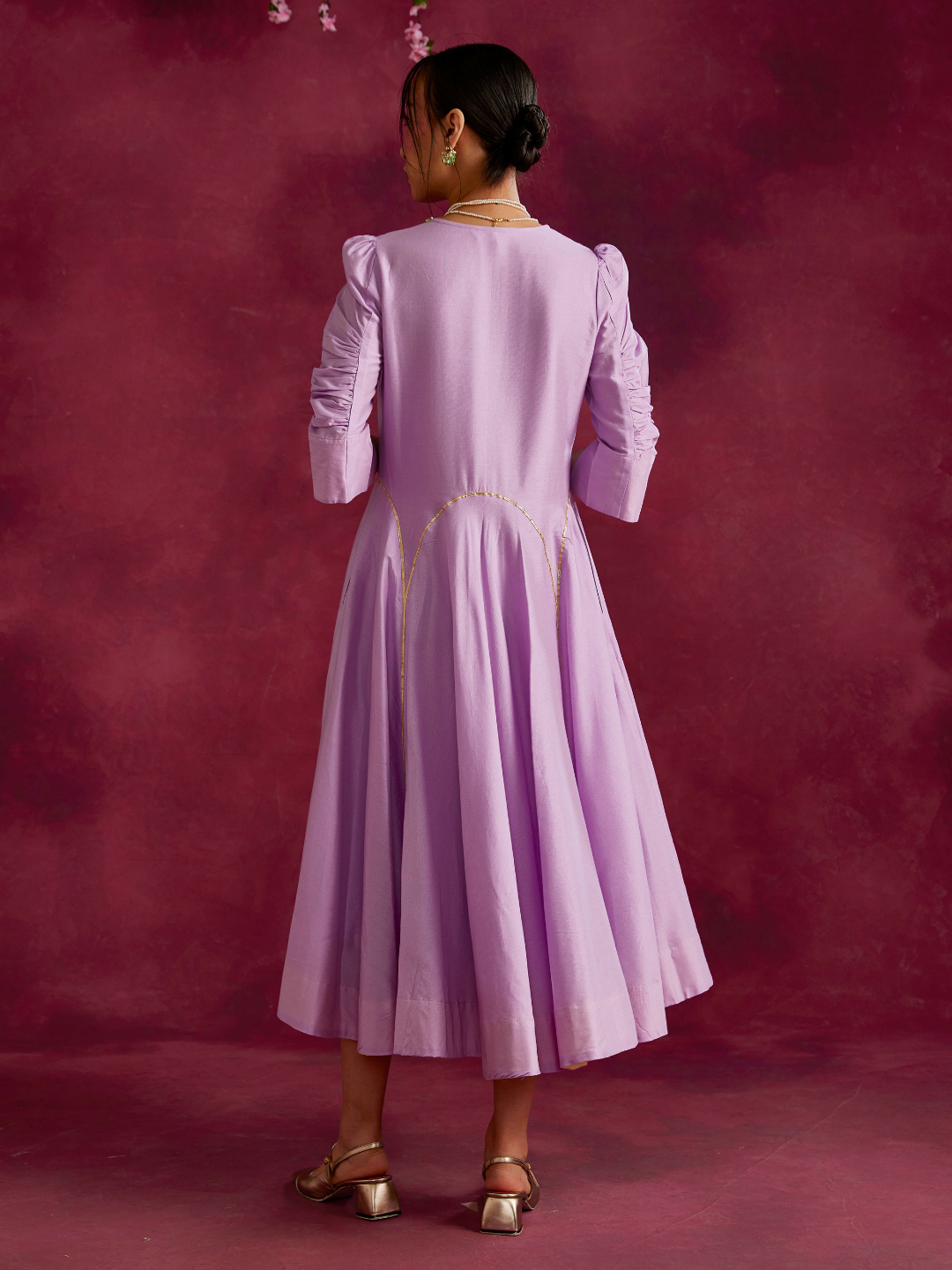 Circular Panelled Dress Highlighted With Gota Patti- Lavender