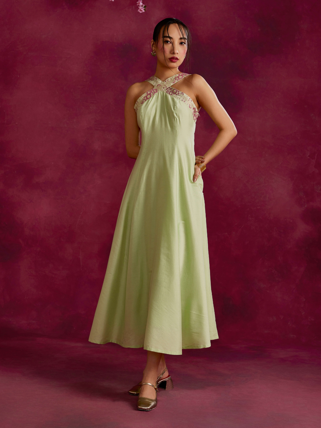 Back tie-up panelled maxi dress- Pistachio green