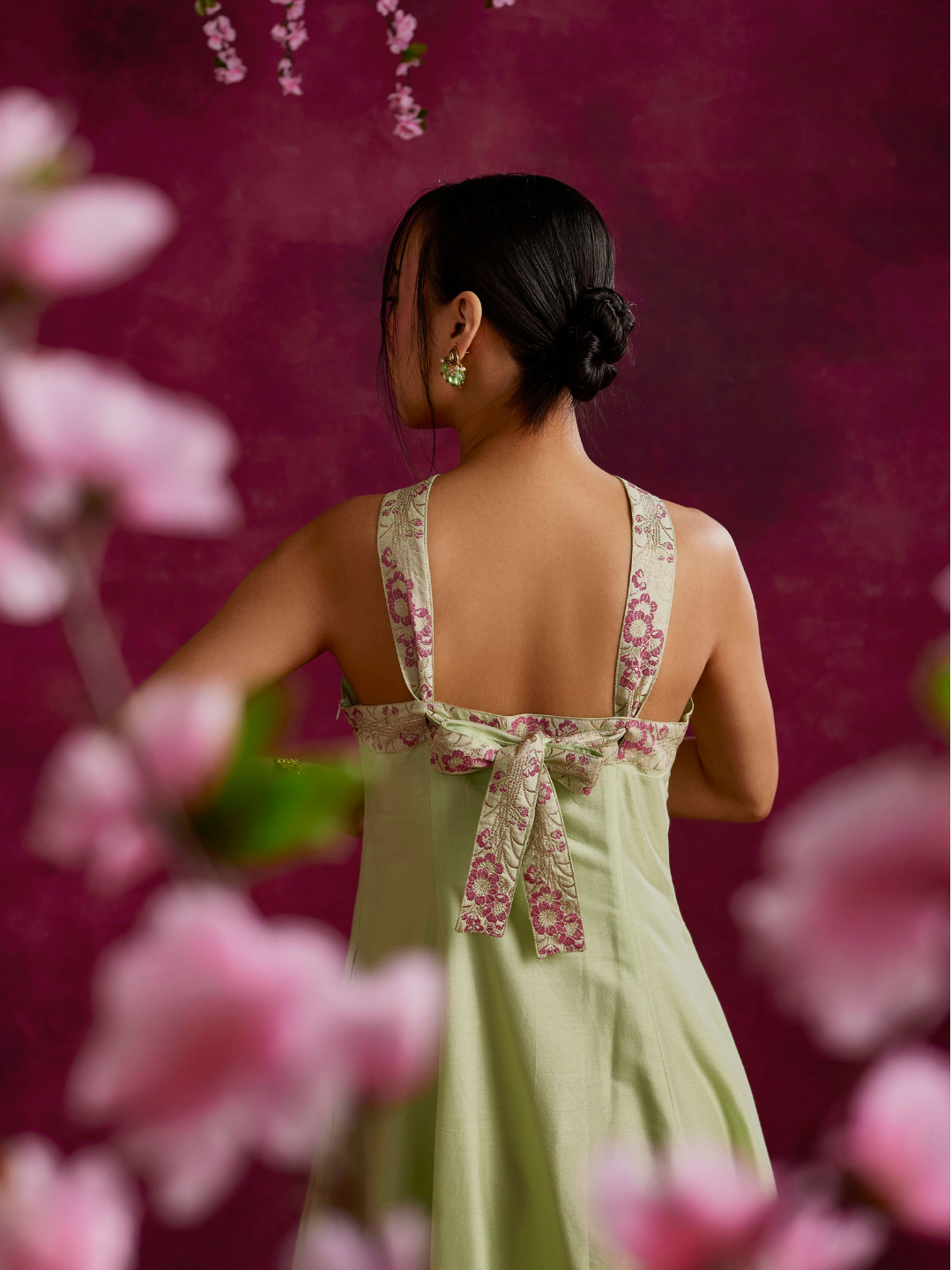 Back tie-up panelled maxi dress- Pistachio green