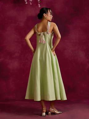 Back tie-up panelled maxi dress- Pistachio green