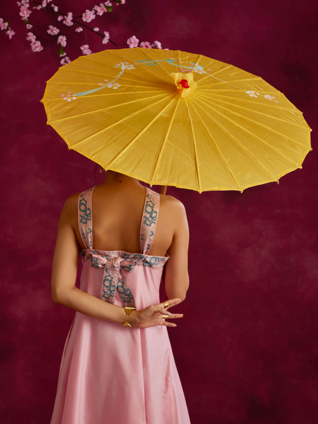 Back tie-up panelled maxi dress- Sakura pink