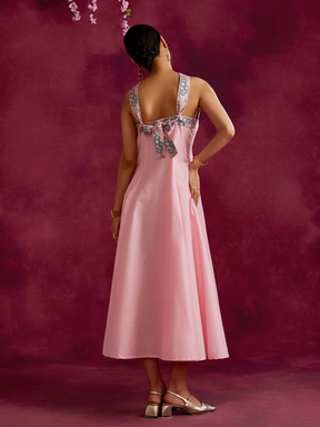Back tie-up panelled maxi dress- Sakura pink