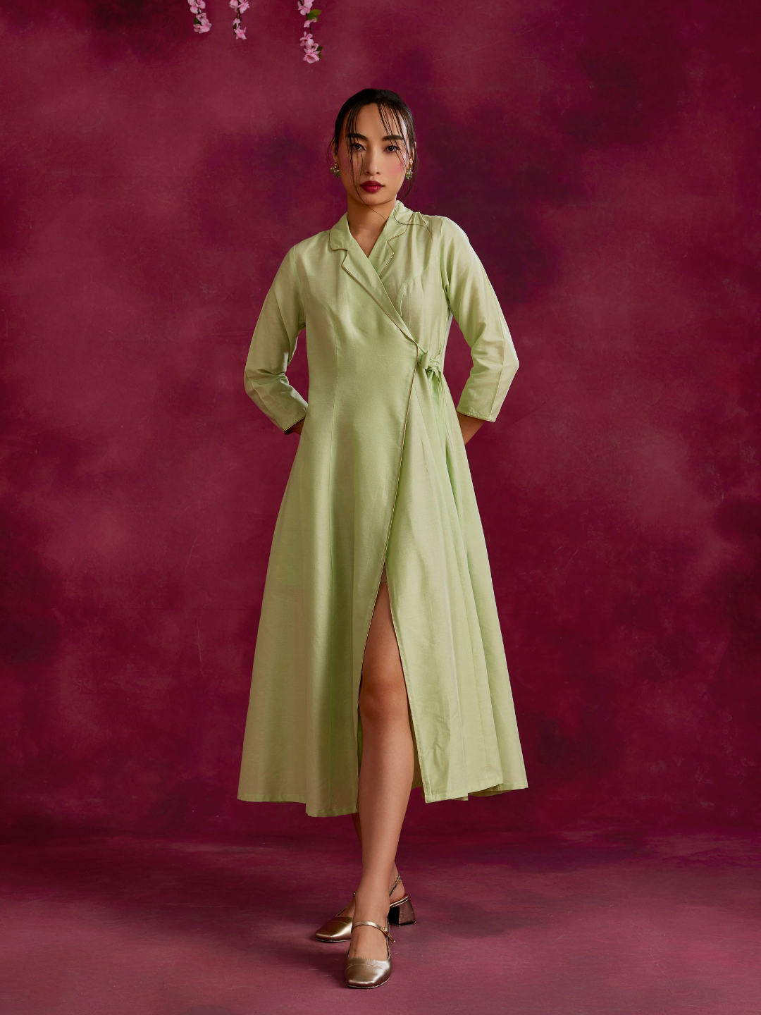 Lapel collared wrap dress- Pistachio green