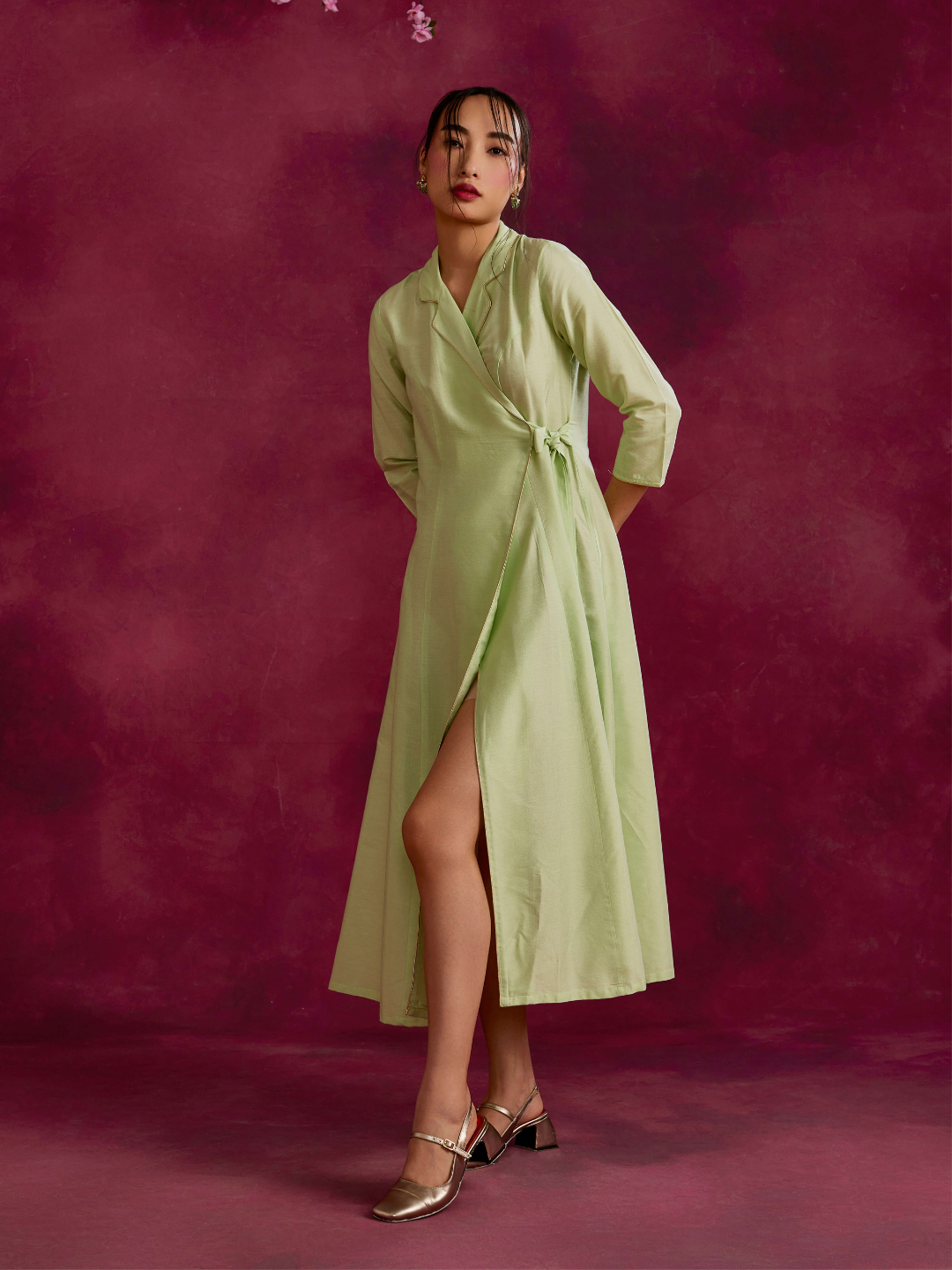 Lapel collared wrap dress- Pistachio green