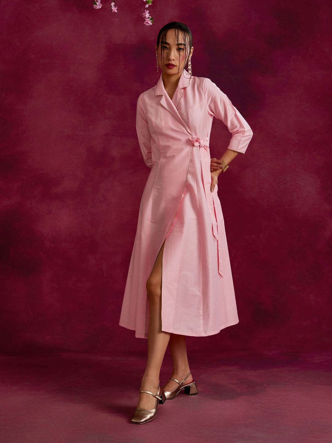 Lapel collared wrap dress- Sakura pink