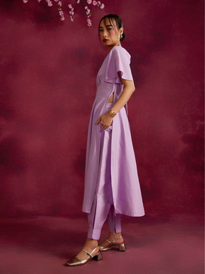 Pleated front kurta with back cut-out- Lavender