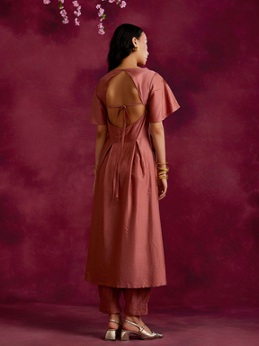Pleated front kurta with back cut-out- Rose brown