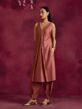 Inverted pleat front kurta with back tie-up- Rose brown