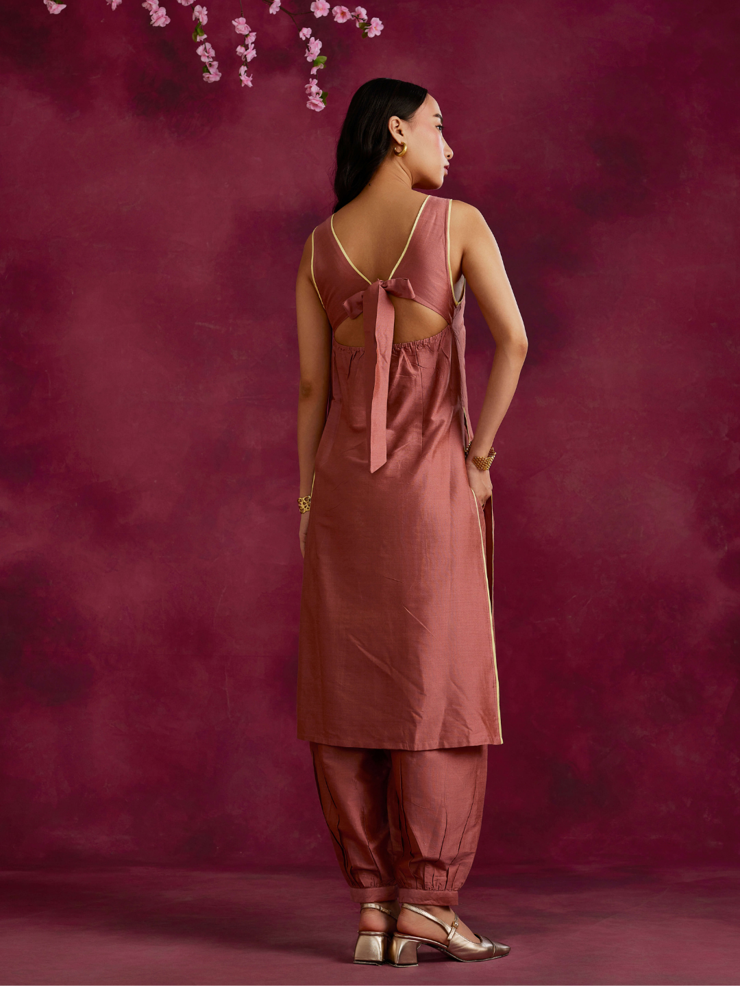 Inverted pleat front kurta with back tie-up- Rose brown