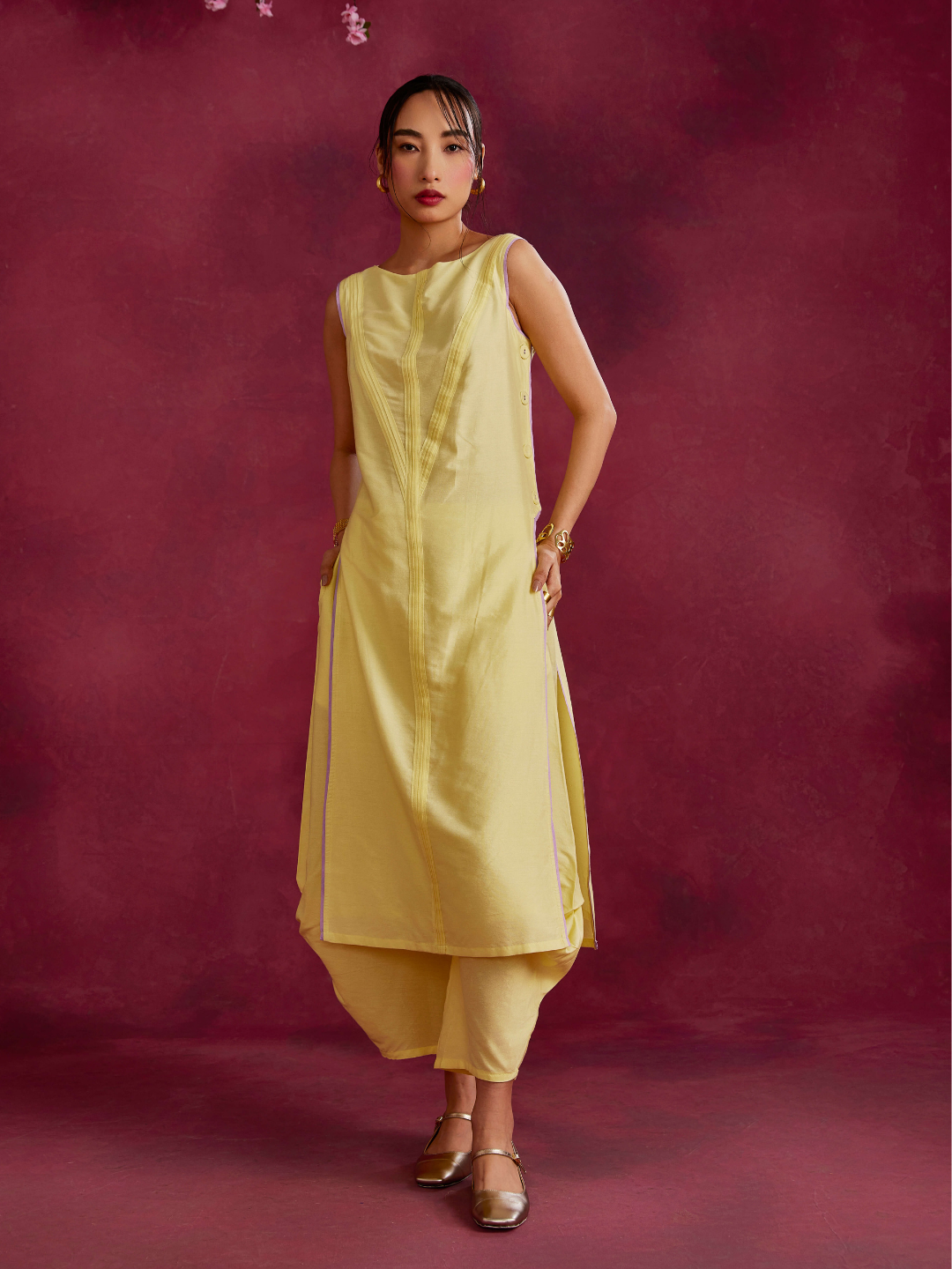 Pleated front & side-buttoned kurta- Lemon yellow