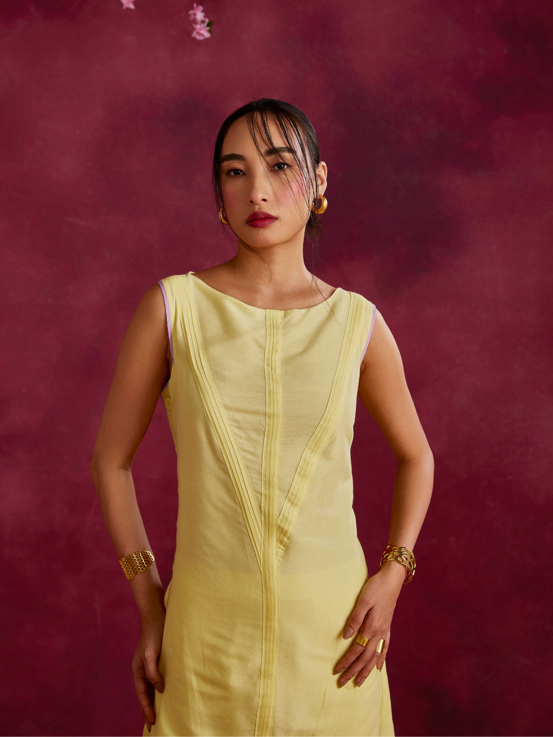 Pleated front & side-buttoned kurta- Lemon yellow