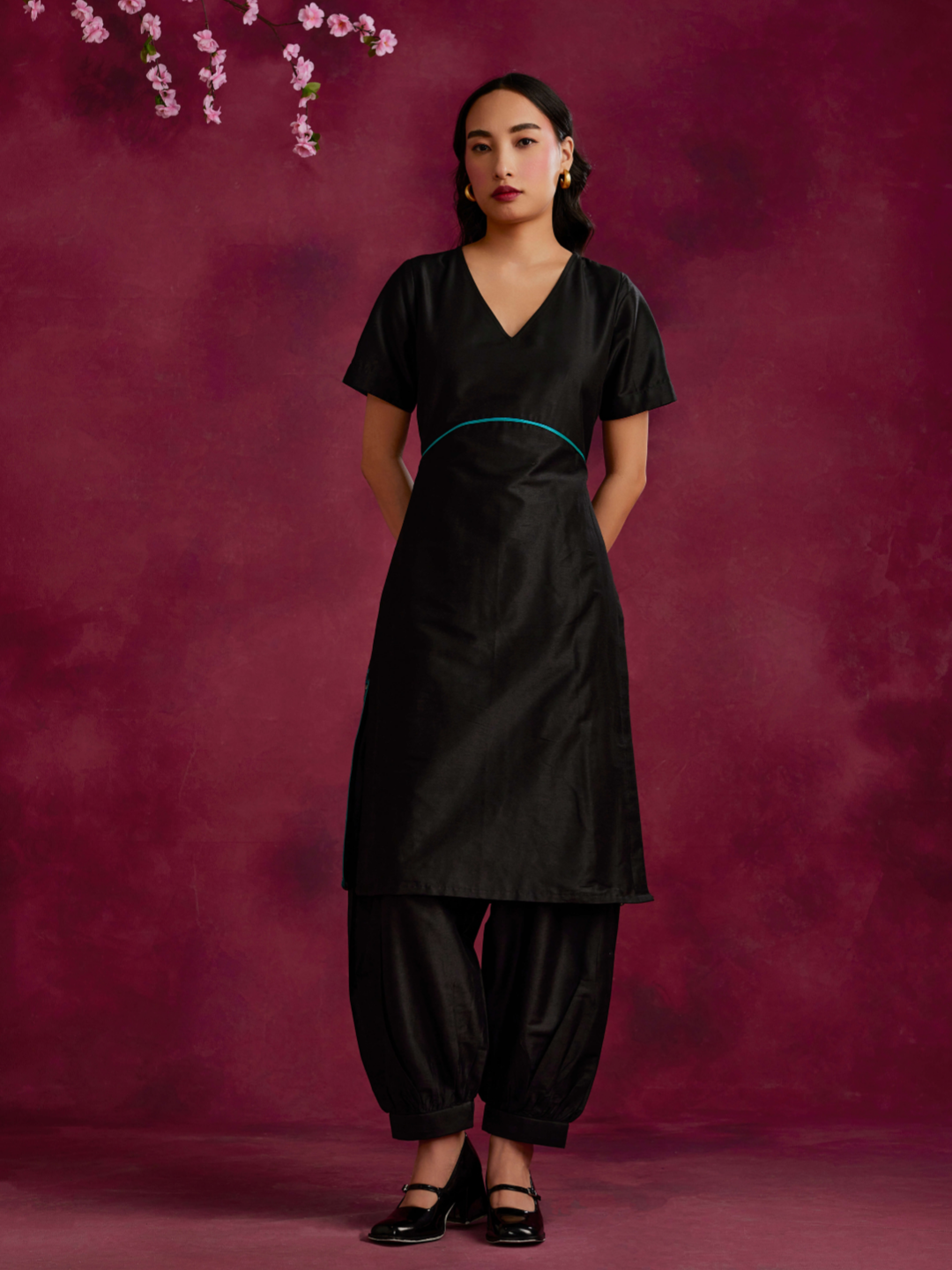 Straight kurta with contrast floral zari slits- Black