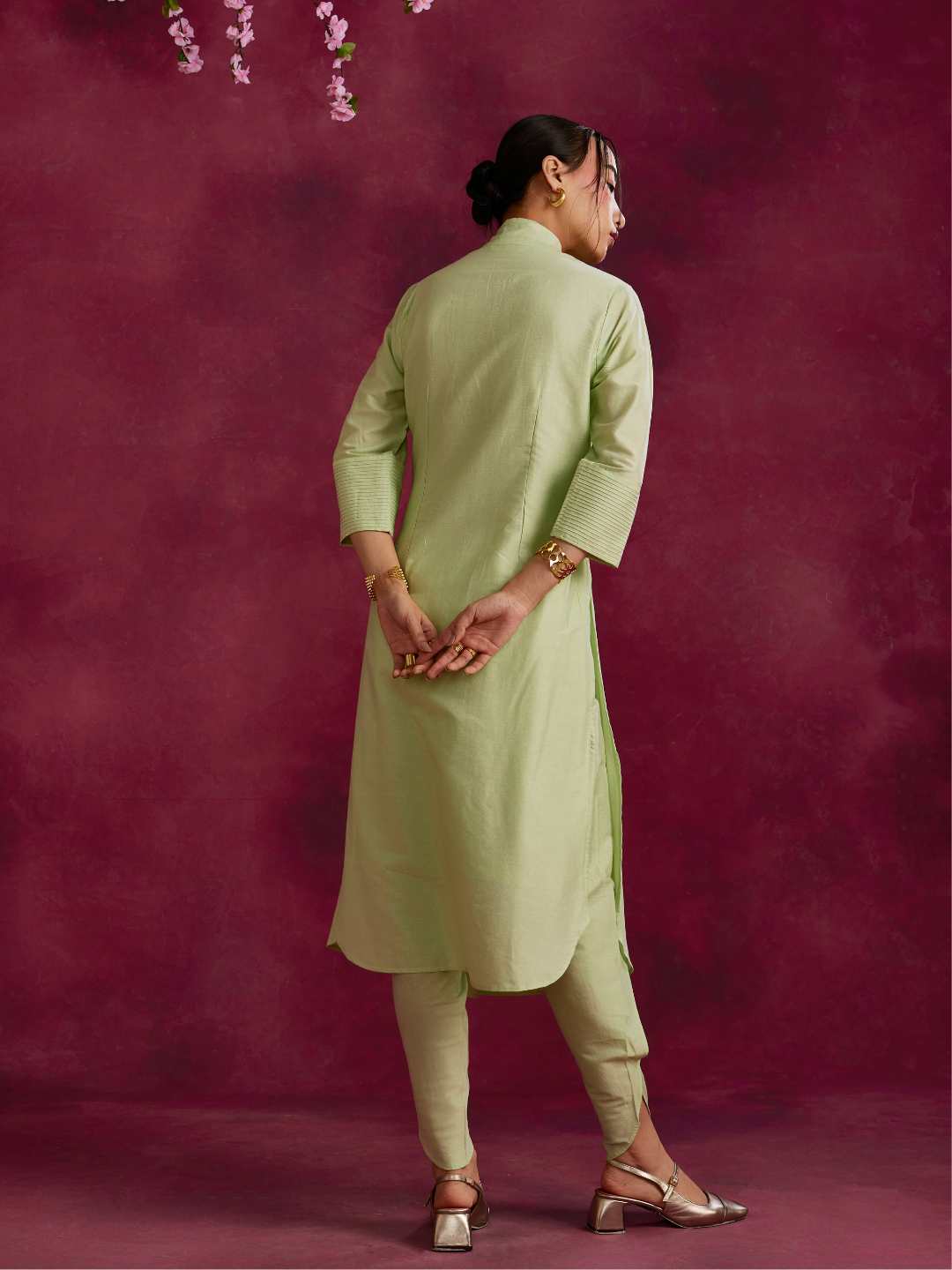 Shawl collar overlapped kurta with tie-up- Pistachio green