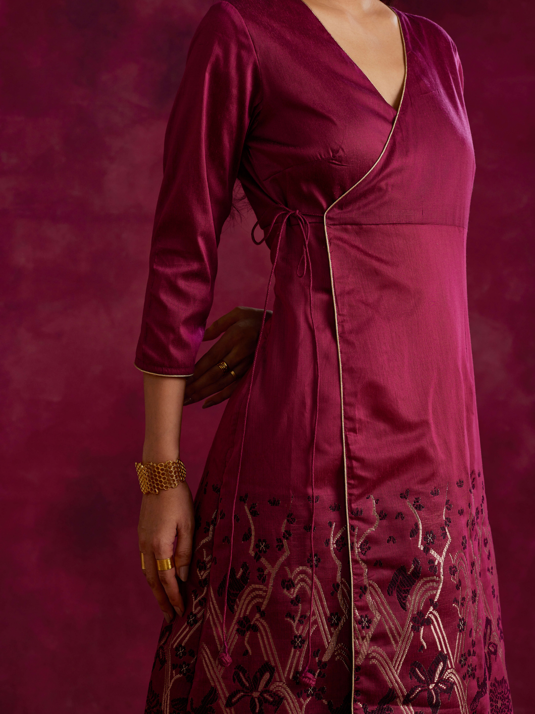 Angrakha kurta with zari work hem- Cabaret pink