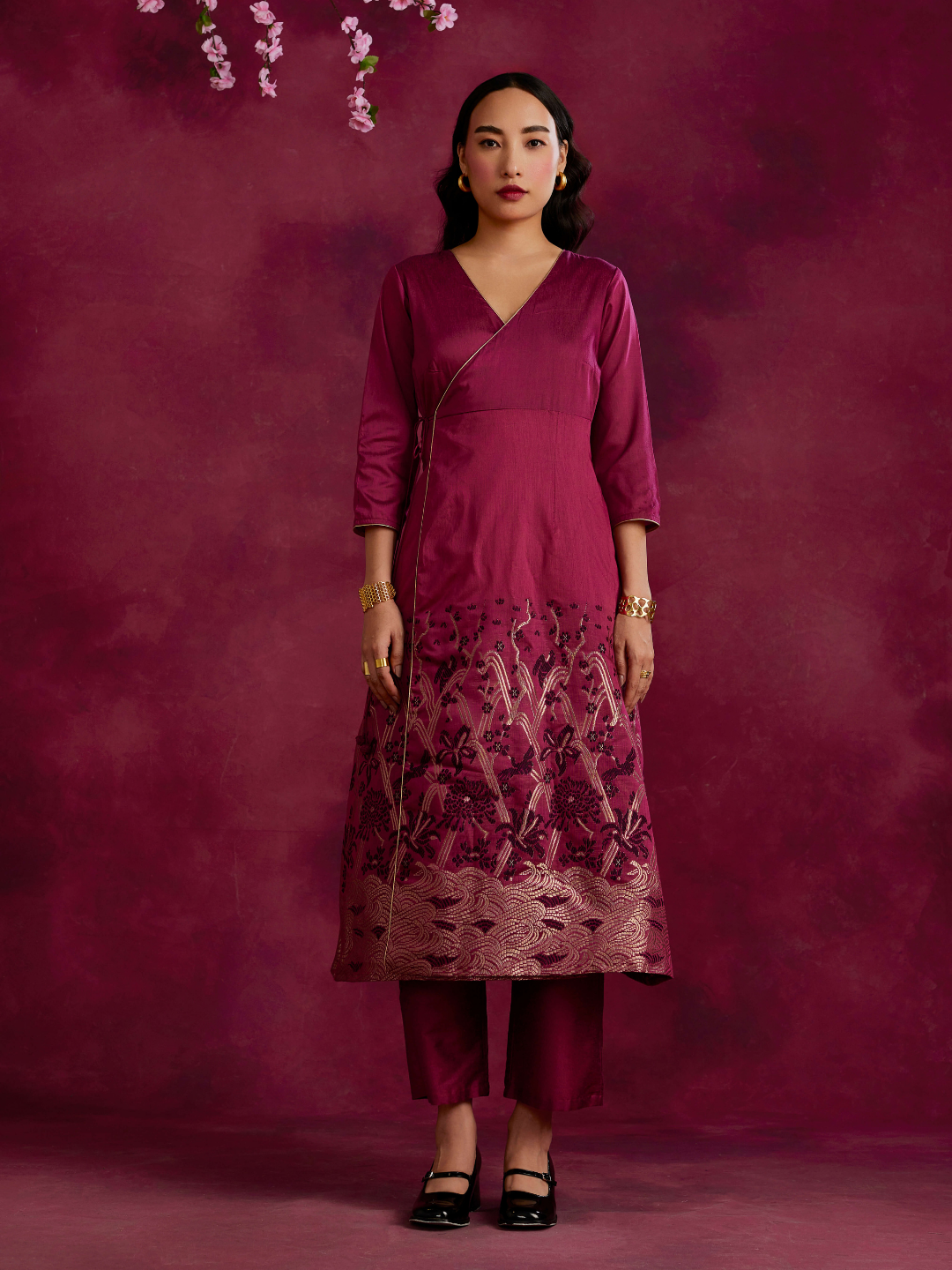 Angrakha kurta with zari work hem- Cabaret pink