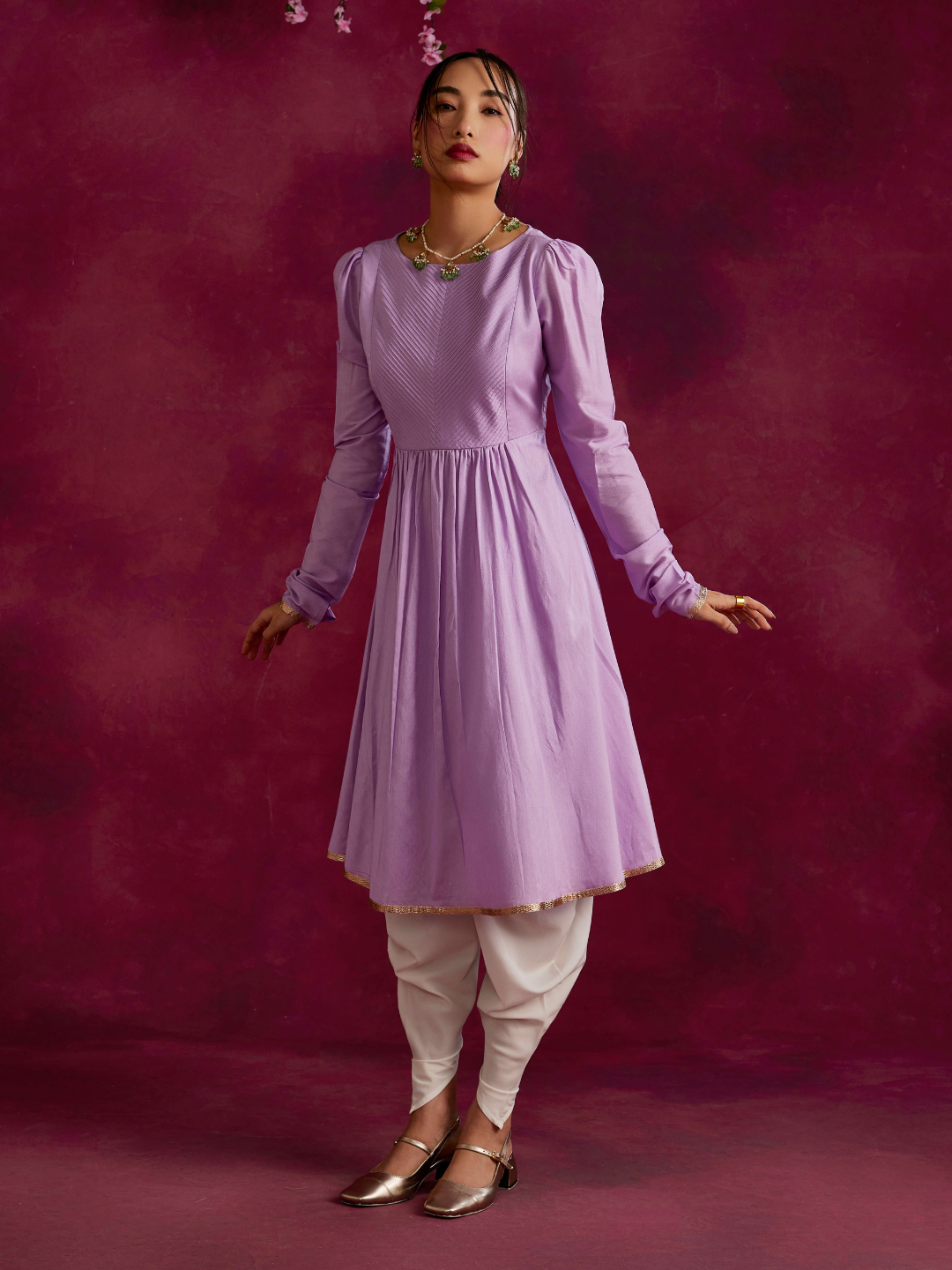 Pintucked yoke flared kurta- Lavender