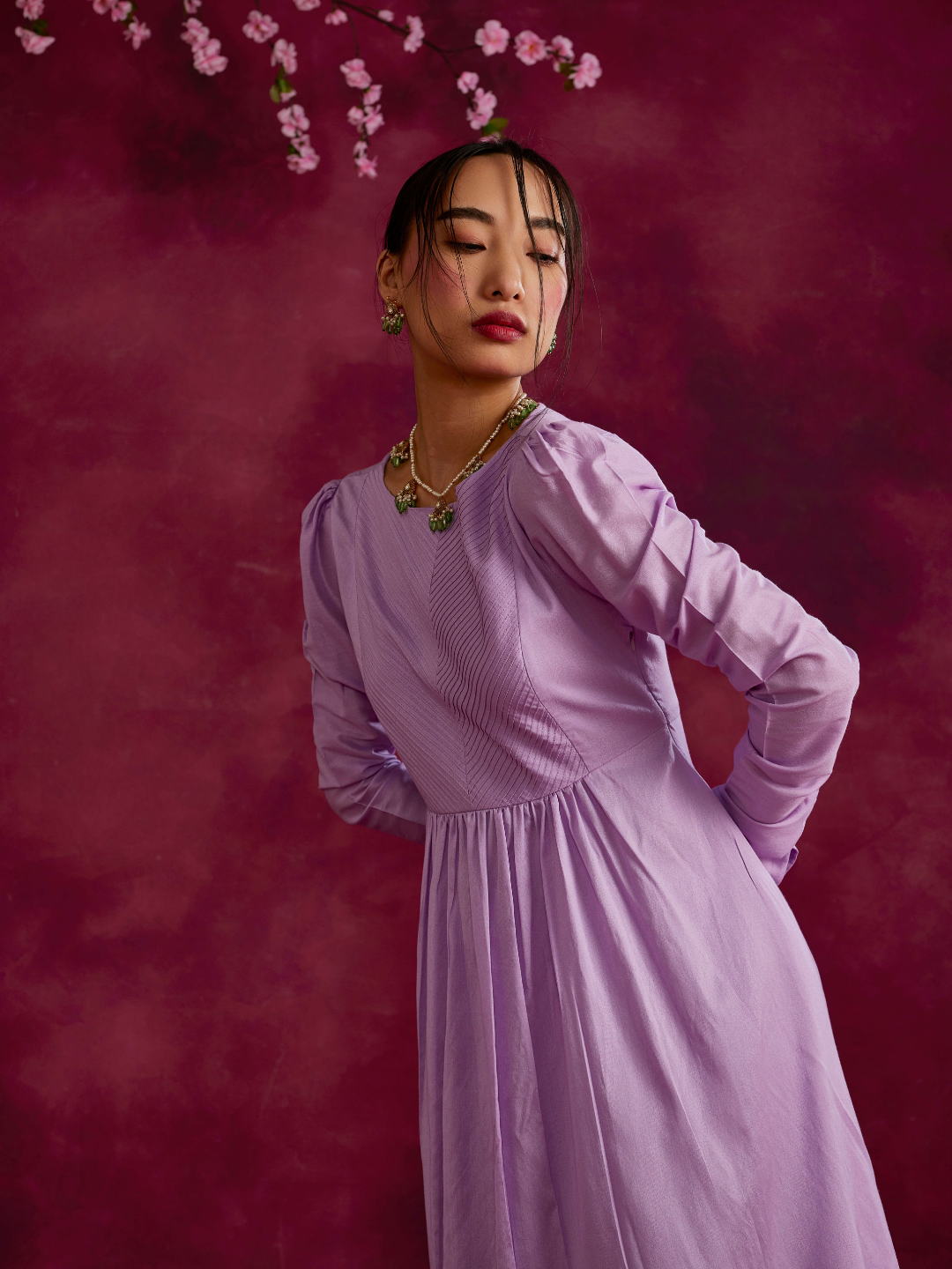 Pintucked yoke flared kurta- Lavender