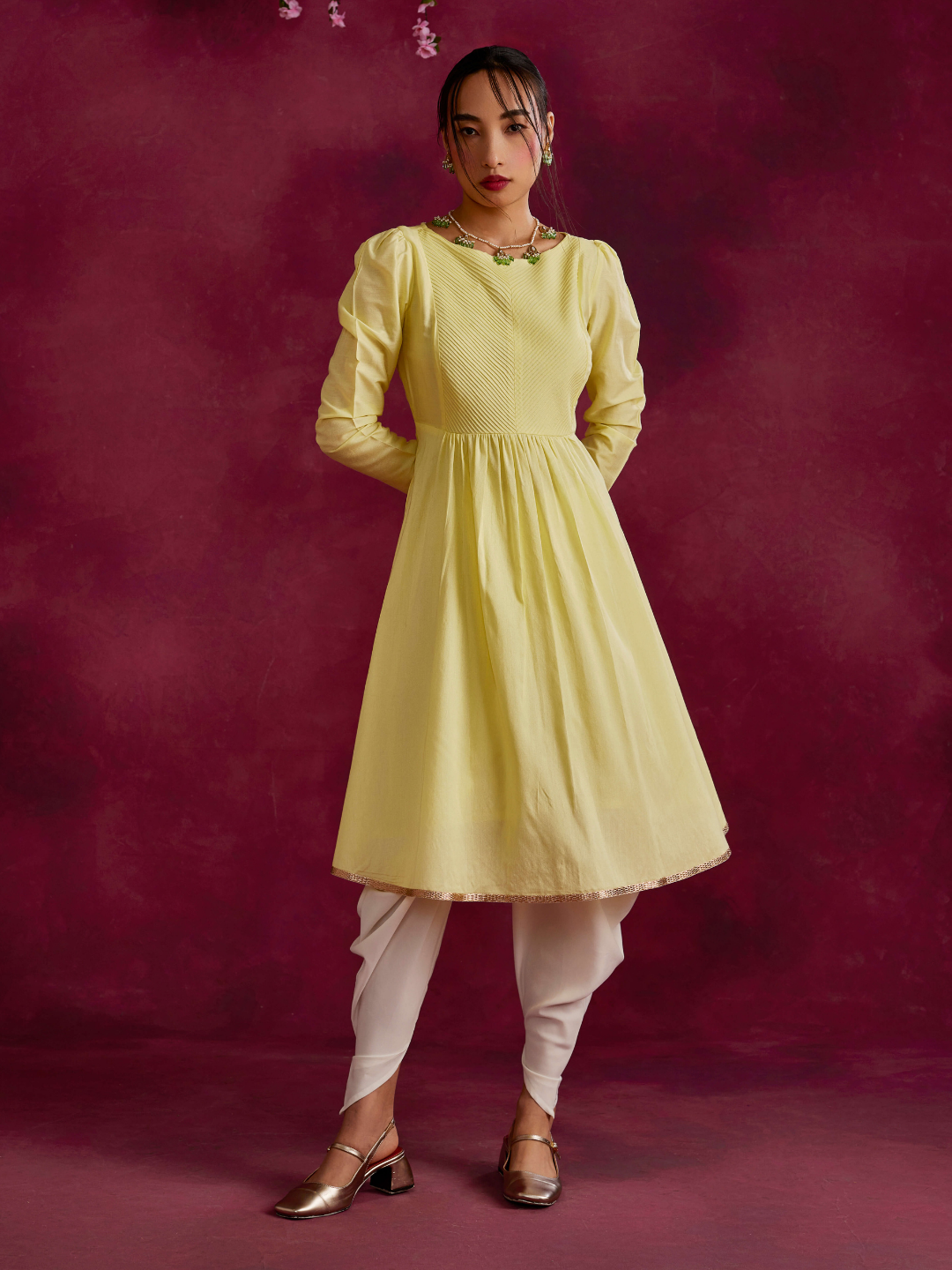 Pintucked yoke flared kurta- Lemon yellow