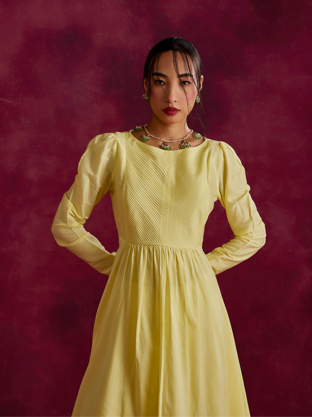 Pintucked yoke flared kurta- Lemon yellow