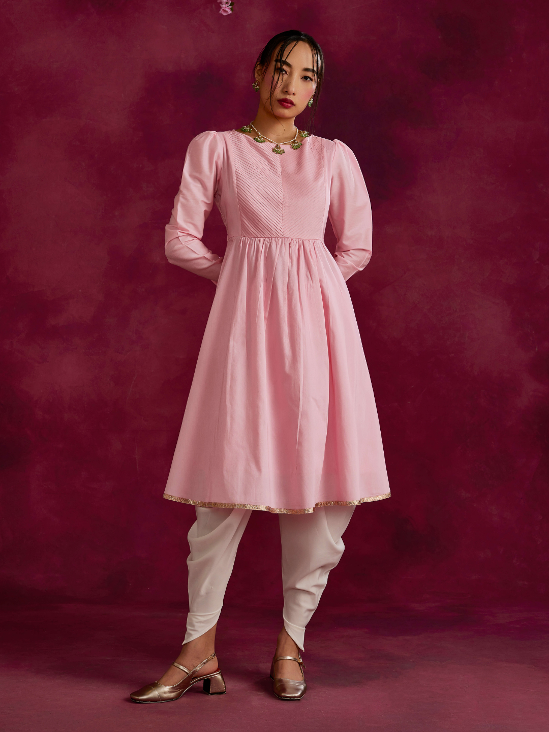 Pintucked yoke flared kurta- Sakura pink