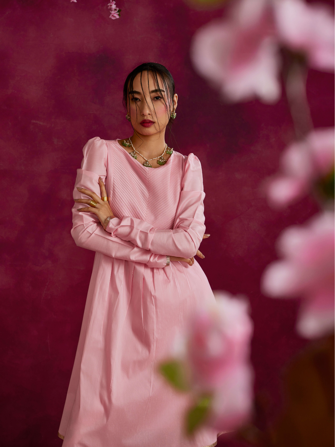 Pintucked yoke flared kurta- Sakura pink