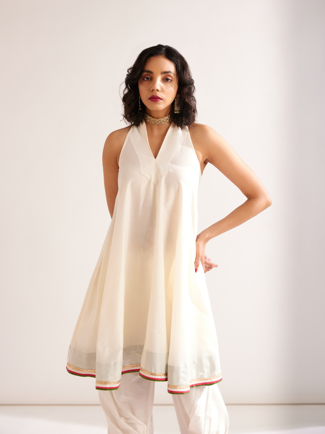 Back overlap halter neck kurta- Ivory