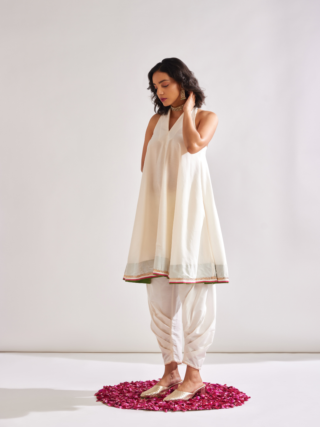 Back overlap halter neck kurta- Ivory