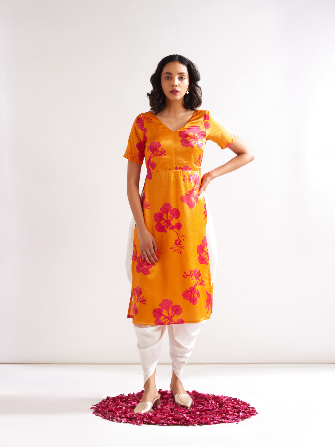 Gulmohar cowl drape straight kurta- Spicy Orange