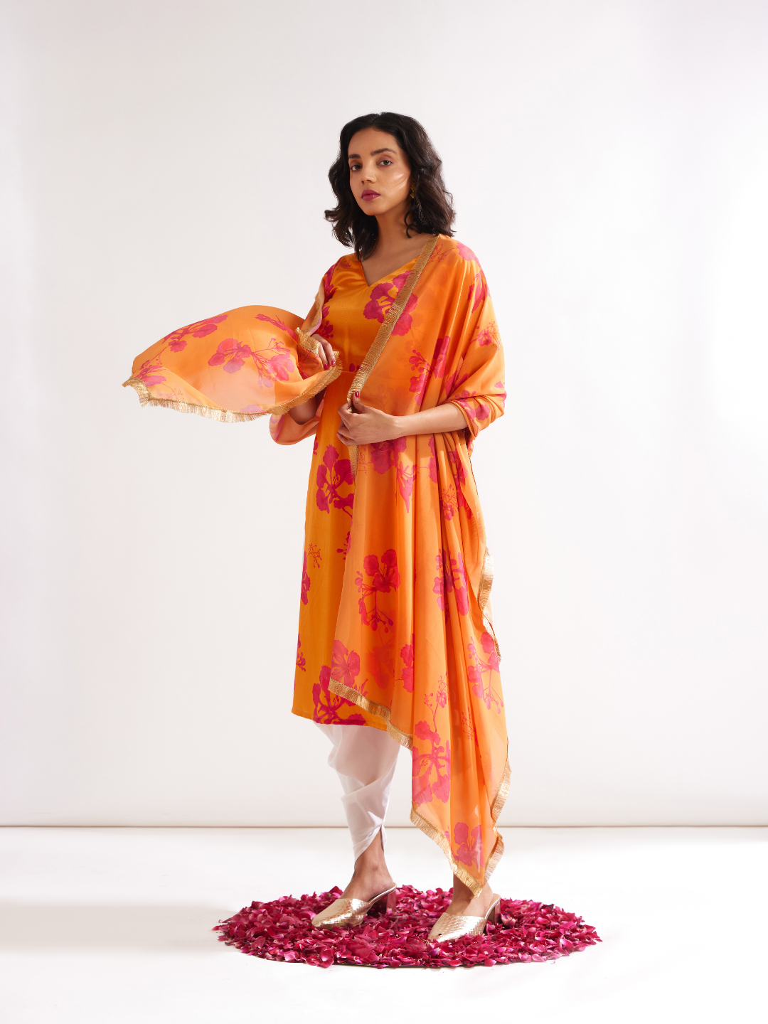Gulmohar cowl drape straight kurta- Spicy Orange