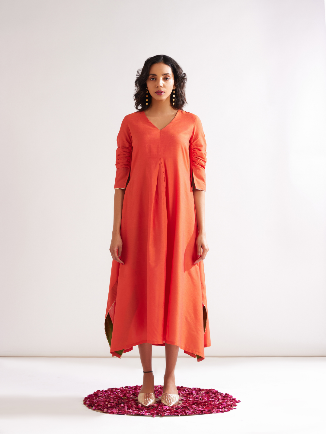 Inverted box pleat flare Dress- Spicy Orange