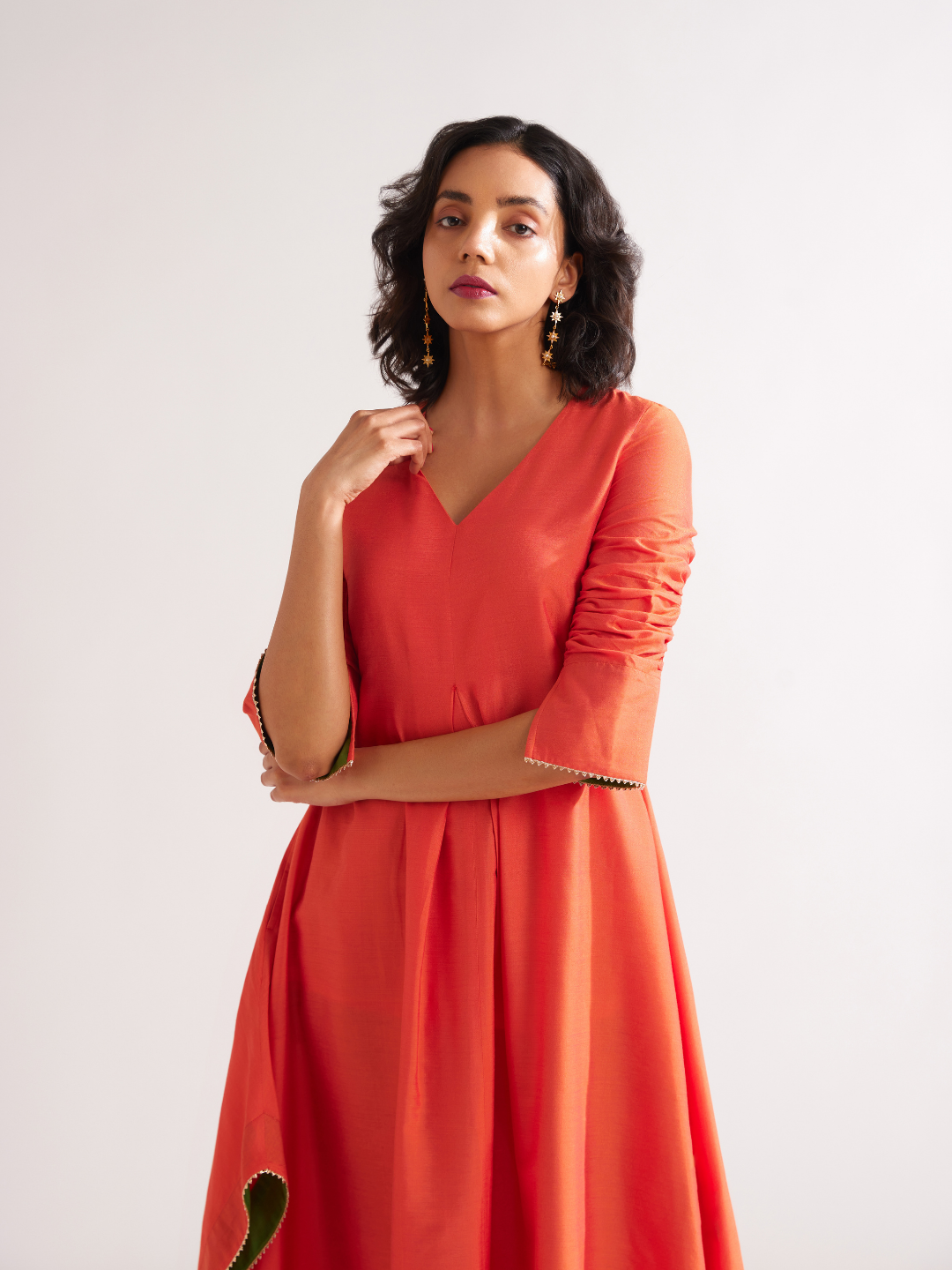 Inverted box pleat flare Dress- Spicy Orange