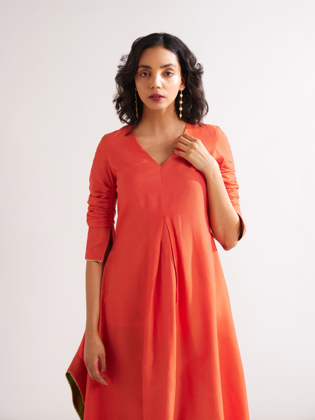 Inverted box pleat flare Dress- Spicy Orange