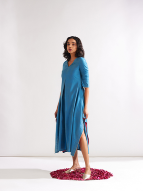 Inverted box pleat flare Dress- Blue moon