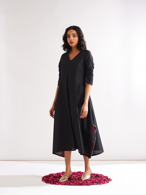 Inverted box pleat flare Dress- Rich black