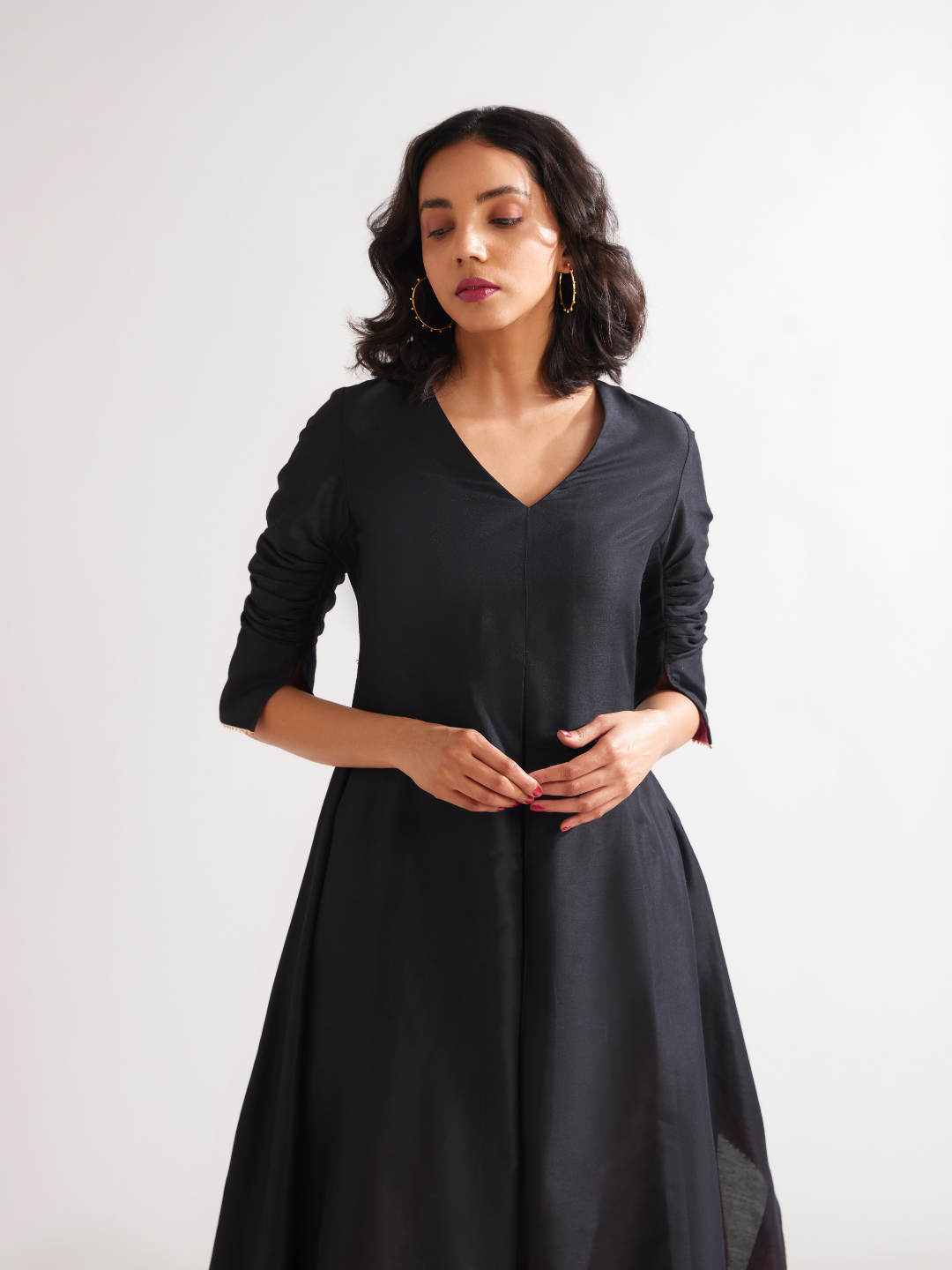 Inverted box pleat flare Dress- Rich black