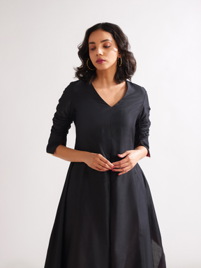 Inverted box pleat flare Dress- Rich black