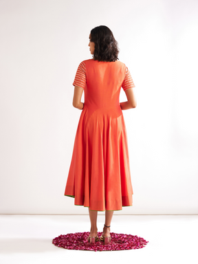 Circular panelled dress highlighted with Gota patti yoke- Spicy Orange