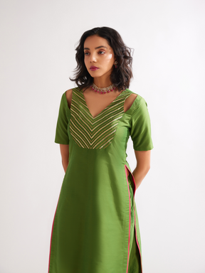 Shoulder cut-out kurta highlighted with gota patti yoke- Pepper Green