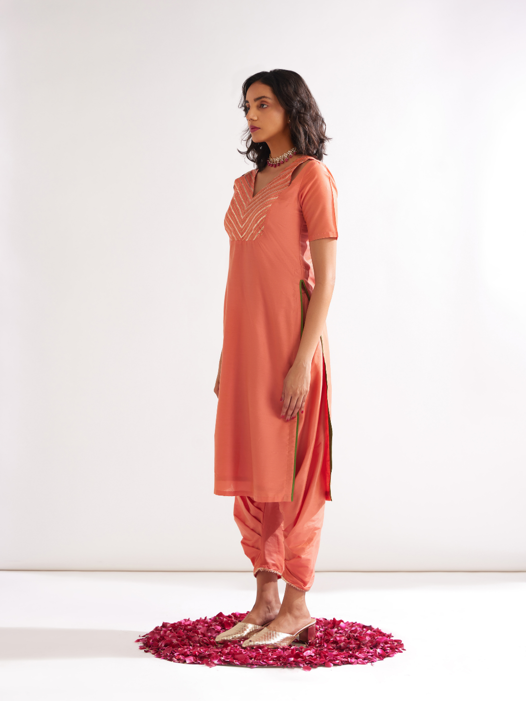 Shoulder cut-out kurta highlighted with gota patti yoke- Peach