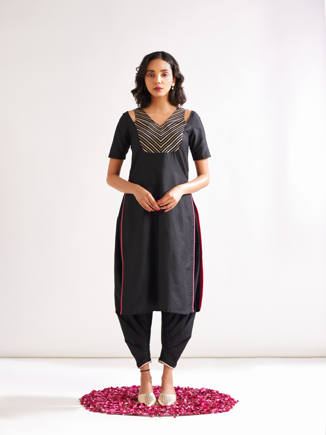 Shoulder cut-out kurta highlighted with gota patti yoke- Rich black