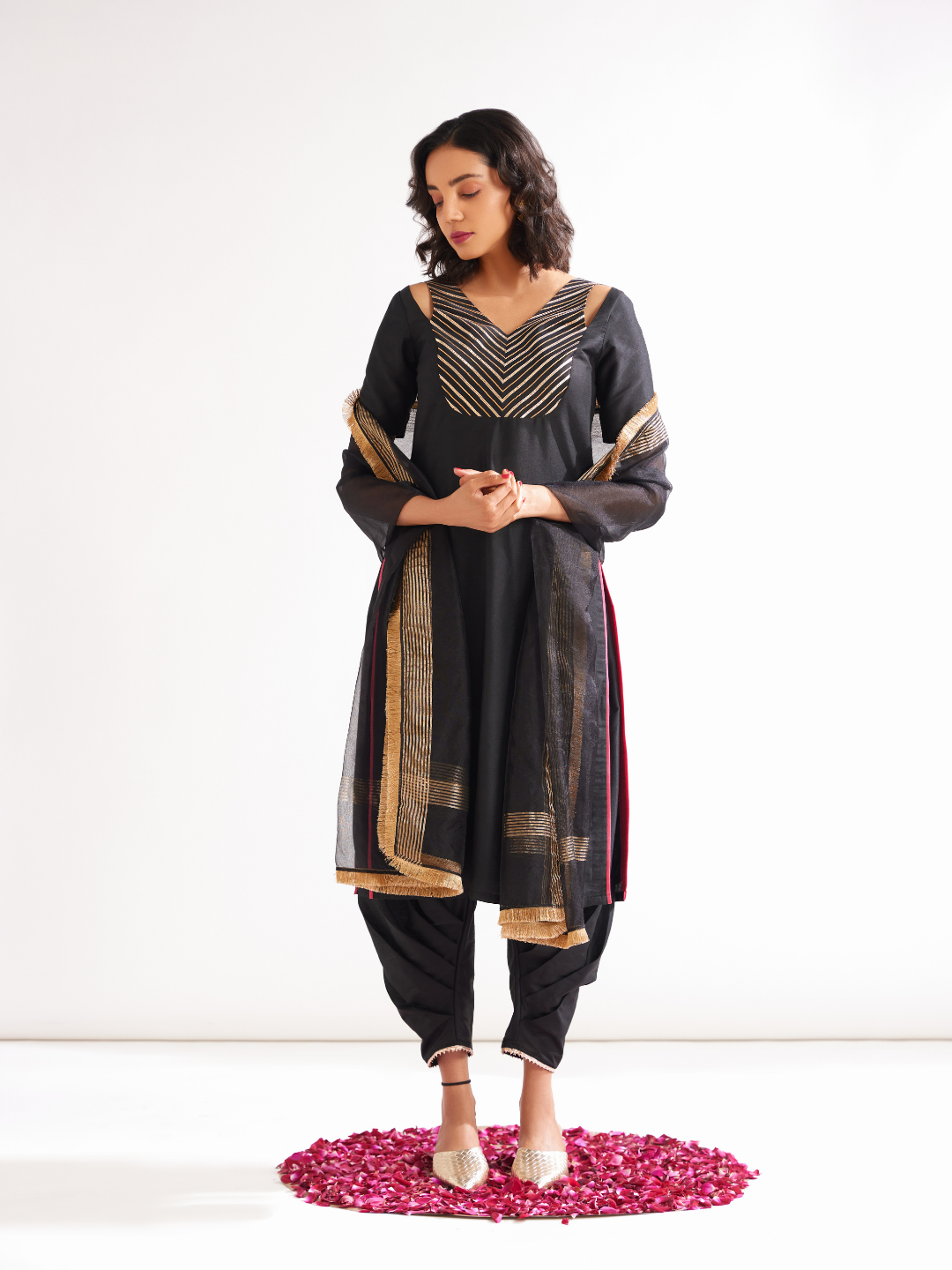 Shoulder cut-out kurta highlighted with gota patti yoke- Rich black