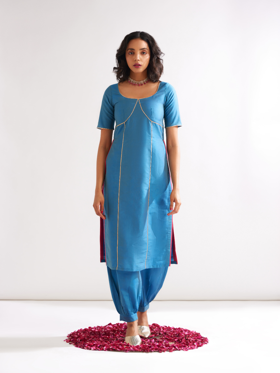 Scoop neckline kurta outlined with gota patti-  Blue