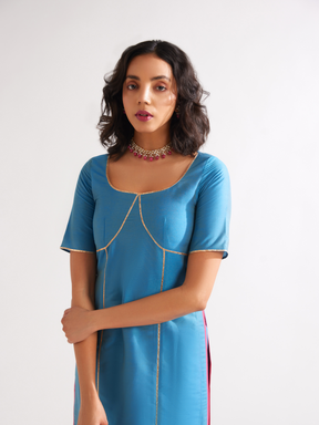 Scoop neckline kurta outlined with gota patti-  Blue