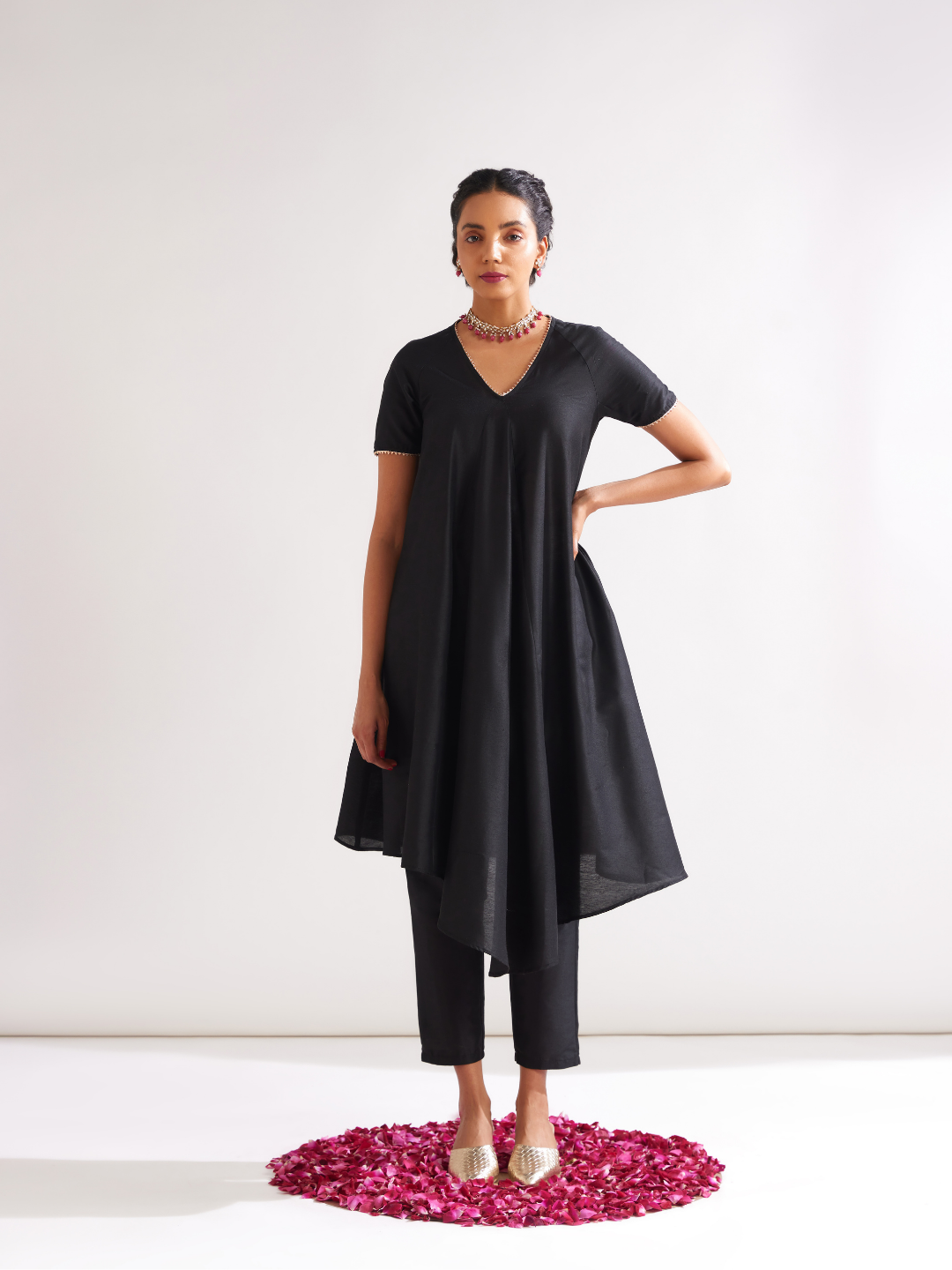 Gulmohar Petal kurta highlighted with gota patti- Rich black