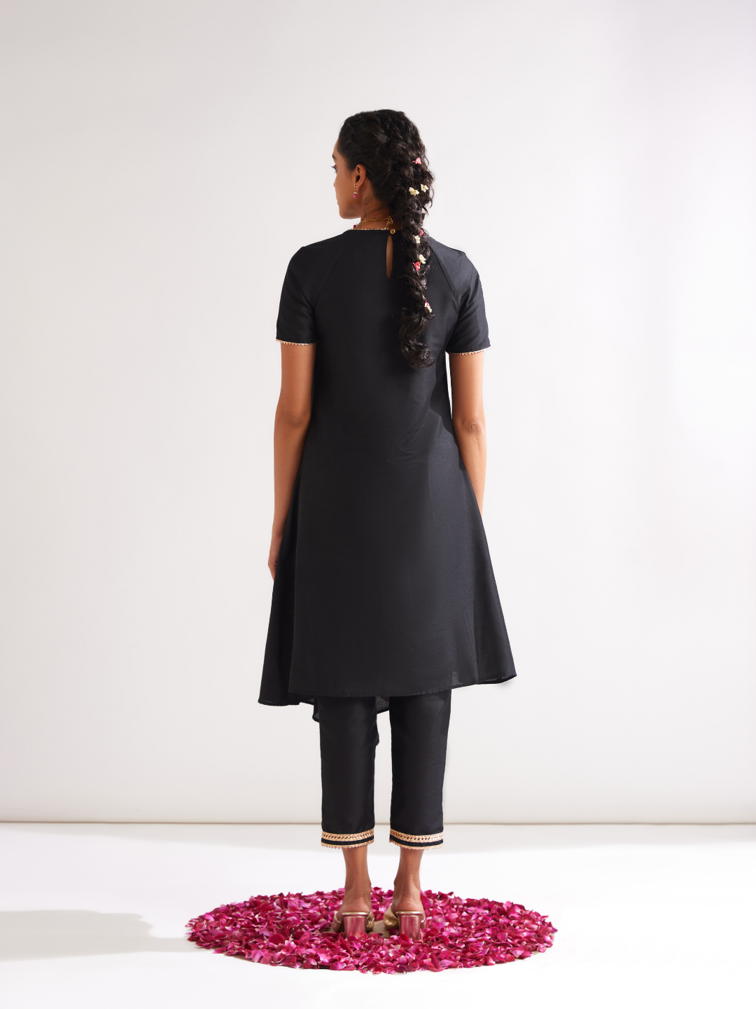 Gulmohar Petal kurta highlighted with gota patti- Rich black